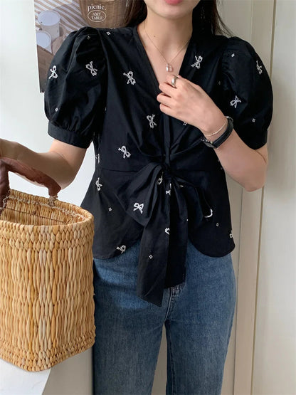 Stylish Vneck Sweet Blouses Summer Florals Half Sleeve Gentle Office Lady Slim Mujer High Street