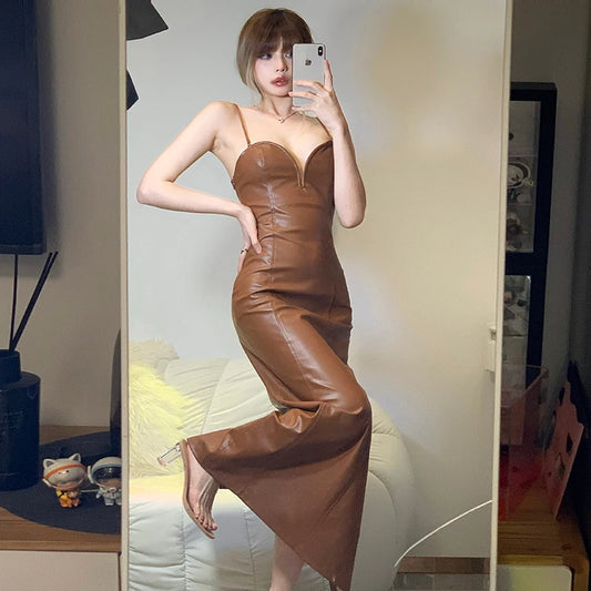 Sling Pu Faux Leather Slit Fit Long Dress Y2k Party Club Vacation Birthday Summer Clothing