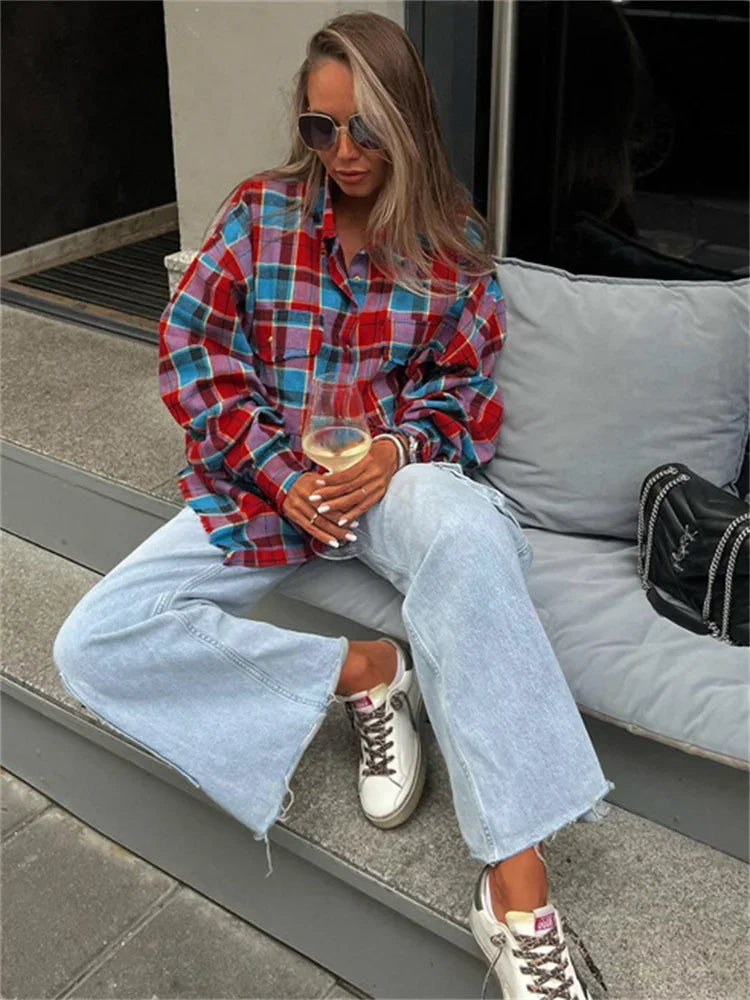 Patchwork Loose Shirts Female Patchwork Pocket Long Sleeve Contrast Autumn Outwear ’s Shirts Tee