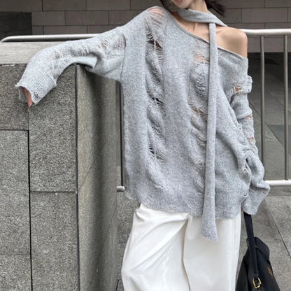 High Street Gray Hollow Hole Long Sleeve Sweater Autumn New Korean Strapless Laceup Loose Knitted Tops