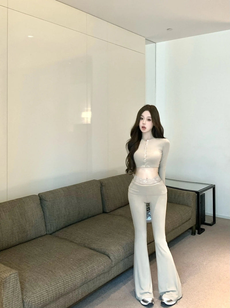 French Sweet Hot Girl Suit Spring Slim Fit Oneck Short Top High Waist Flare Pants Twopiece Set Female Clothes
