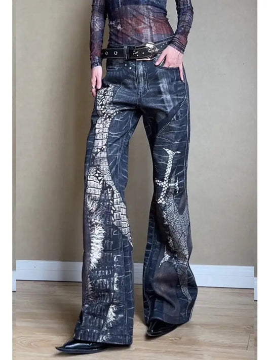 Retro Snake Printed Flared Jeans Cross Print High Waist Mujer Do Old Boot Cut Denim Pants Hip Hop Y2k Bottoms