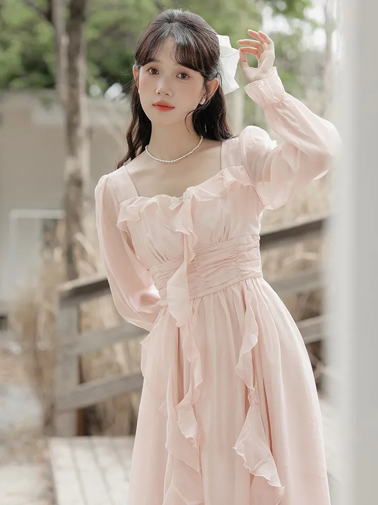 Pink Fairy Party Midi Dress Korean Style Sweet Vestidos Female Bubble Sleeve Evening Party Robe Autumn New