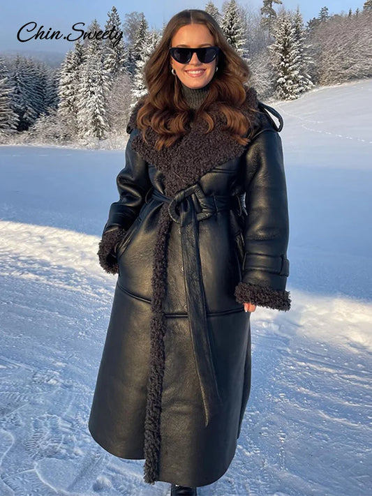 Lamb Wool Pu Leather Long Jacket With Belt Patchwork Lapel Pocket Oversize Overcoat Winter Warm Thick Outwear