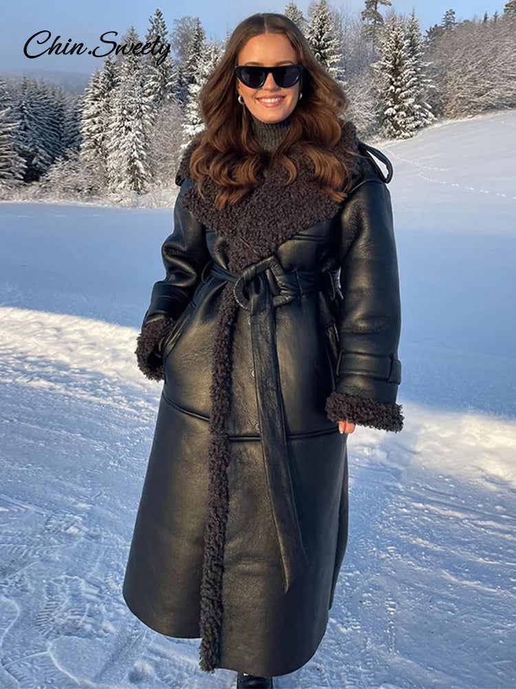 Lamb Wool Pu Leather Long Jacket With Belt Patchwork Lapel Pocket Oversize Overcoat Winter Warm Thick Outwear