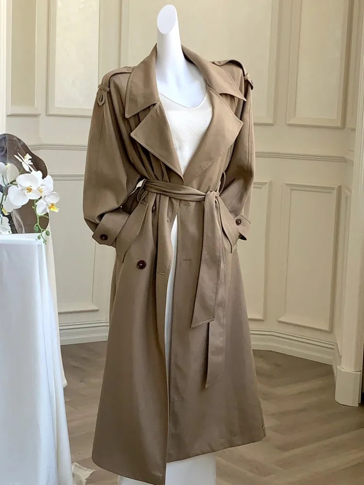 Autumn British Style Long Trench Lapel Double Breasted Coat With Belt Korean Windbreaker Outerwear Jackets