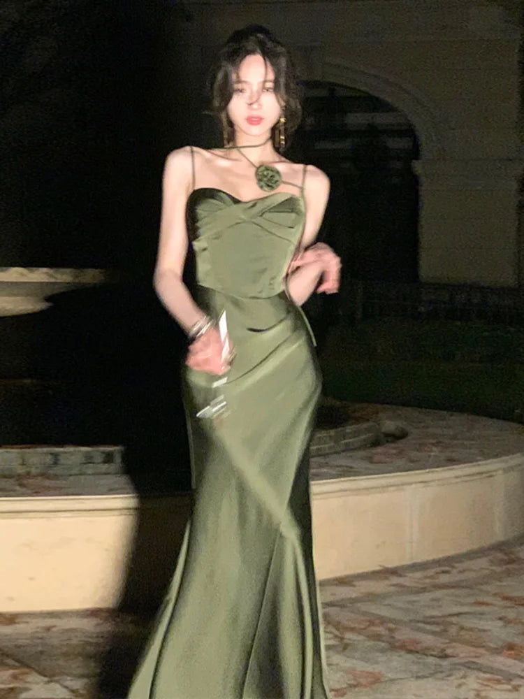 Summer Spaghetti Strap Evening Party Prom Club New Backless Split Satin Long Dresses Female Vestidos