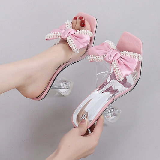 Pearl Bow Designer Slipper New Transparent Pvc High Heeled Sandals Non Slip Mule Shoes Pumps
