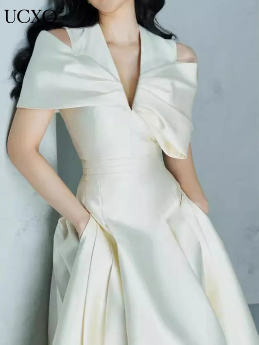 Long Dress Fairy Style V-neck Hollow Waist 3d Bow Pocket Party Dresses for Spring Summer 23a9338