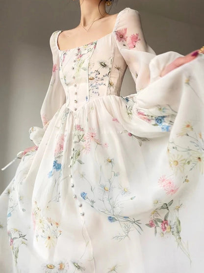 French Vinatge Evening Party Long Dresses for Aline Princess Dress Lantern Sleeve Spring Summer Prom Robe Vestidos