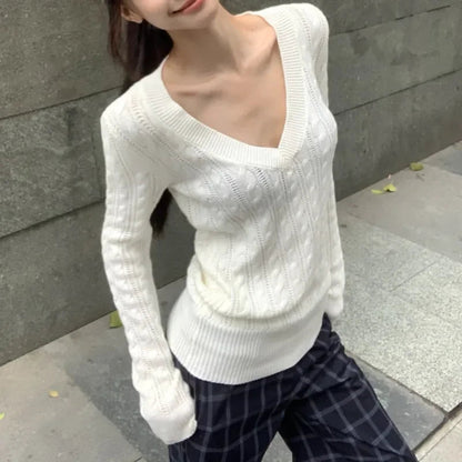 Screw Thread Slim Long Sleeve Sweater Autumn New Korean Vneck Color All Match Knitted Tops