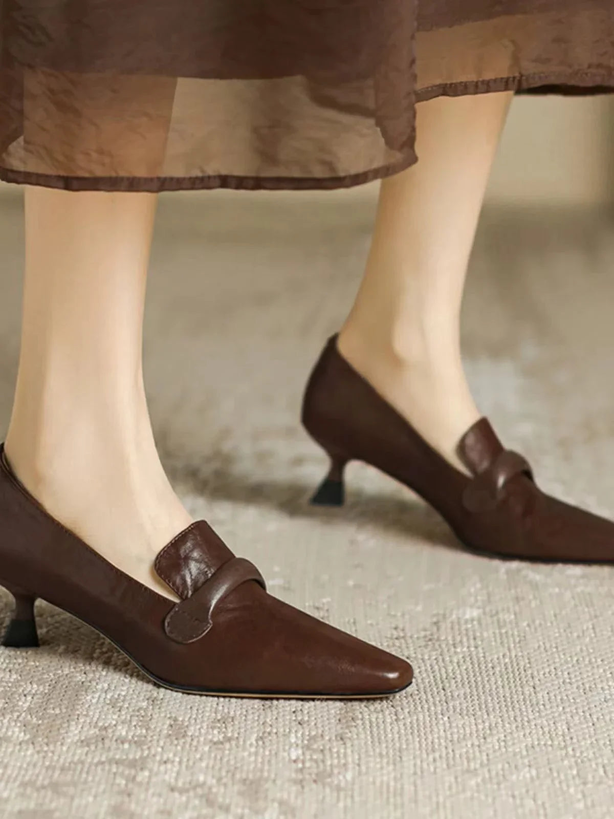French Retro Temperament Lowheeled Shoes Spring New Leather Pointed High Heels Small Leather Shoes Large Size 43