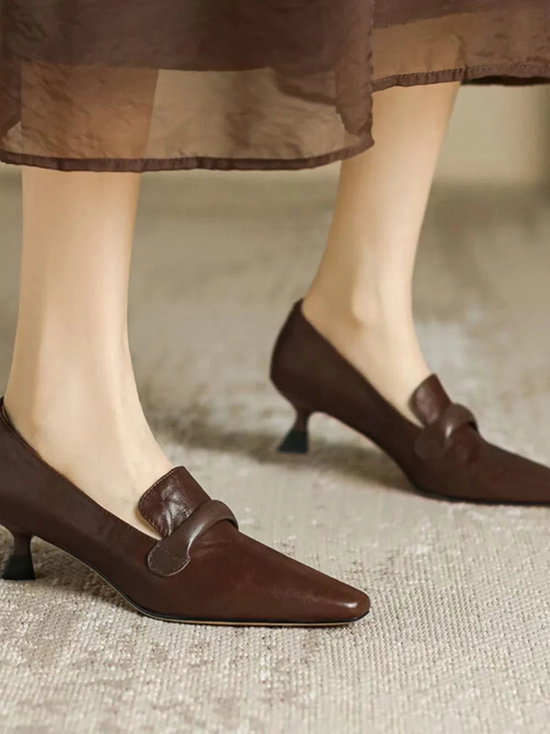 French Retro Temperament Lowheeled Shoes Spring New Leather Pointed High Heels Small Leather Shoes Large Size 43