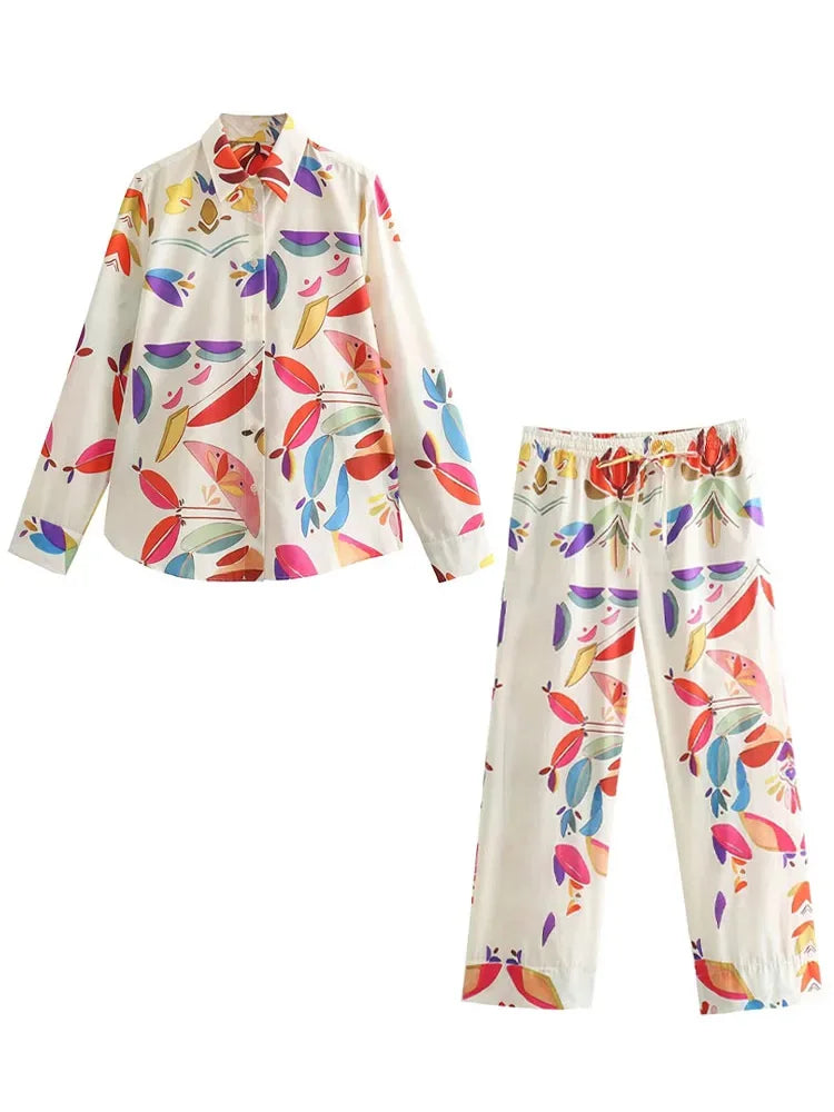 Spring Suit Printed Lapel Long Sleeves Single Breasted Shirts Female Elastic Waist Wide Leg Pants