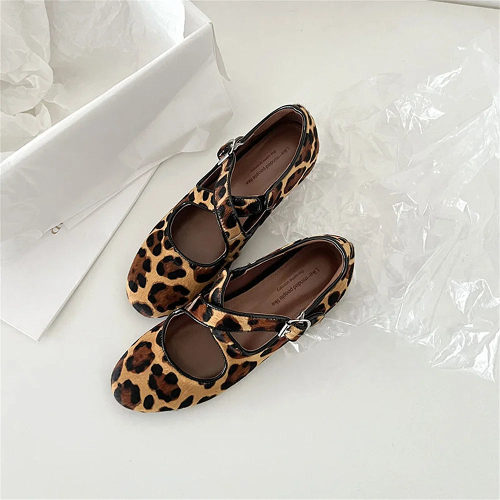 Shoes Loafers for Genuine Leather Flats Sole Buckles Spring New Flats Shoes Leopard Silver