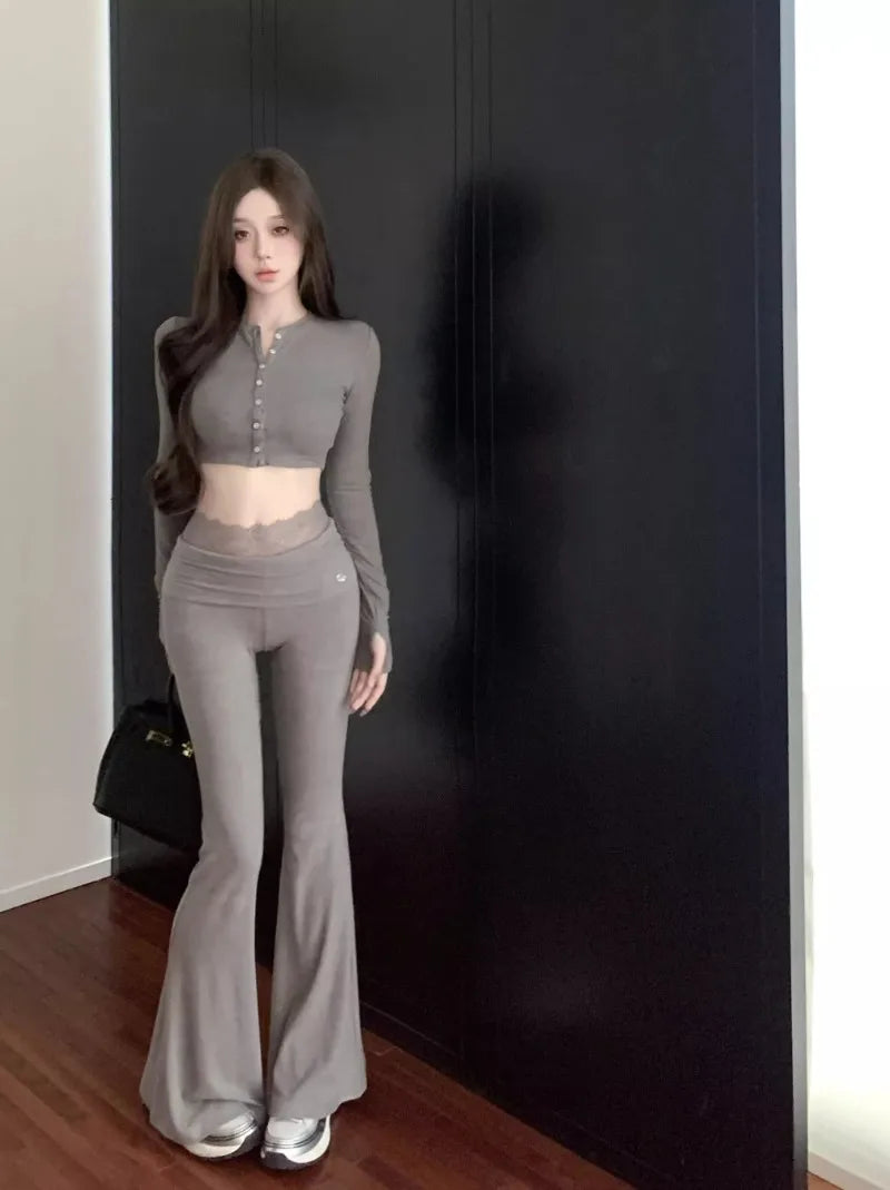 French Sweet Hot Girl Suit Spring Slim Fit Oneck Short Top High Waist Flare Pants Twopiece Set Female Clothes