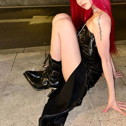 Punk Mid Calf Boots Pointed Toe Metal Stiletto Heels Belt Buckle Detail Lace Up Rubber Sole Cowboy Cool Girl Shoes