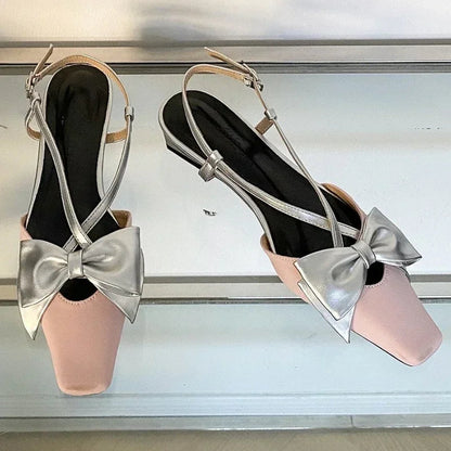 Sweet Butterflyknot Low Heel Mules Shallow Dress Shoes Female Comfy Crosstied Square Toe Slingback Sandals