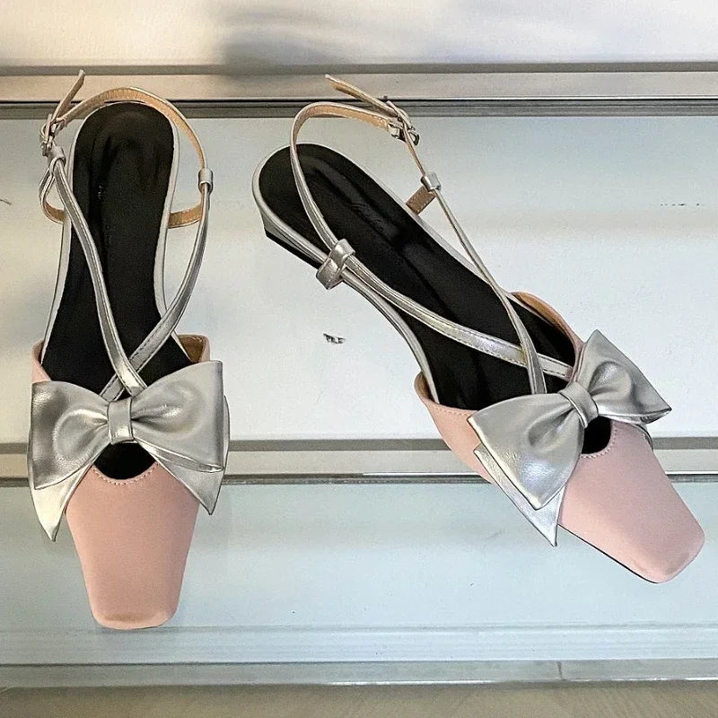 Sweet Butterflyknot Low Heel Mules Shallow Dress Shoes Female Comfy Crosstied Square Toe Slingback Sandals