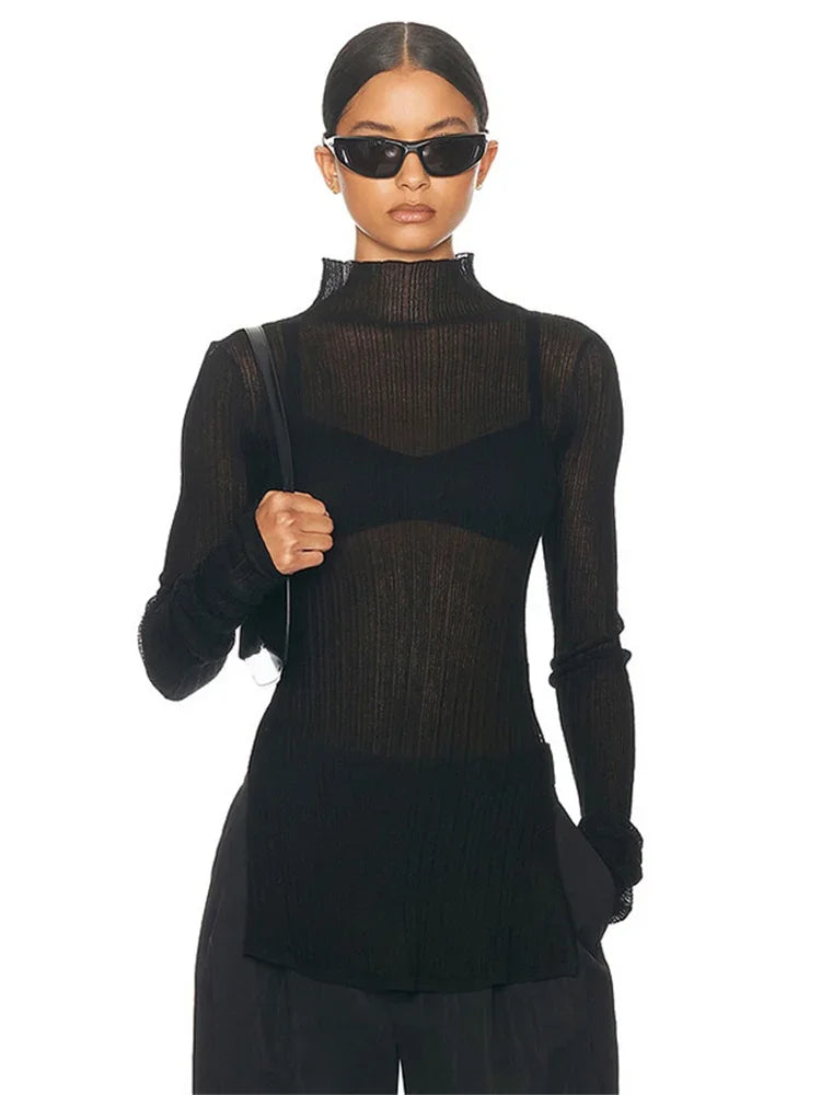 White Knitwear See-through T-shirt Pullover Female Hollow Out Slim Loose Long Sleeve Tee Patchwork Top Tee