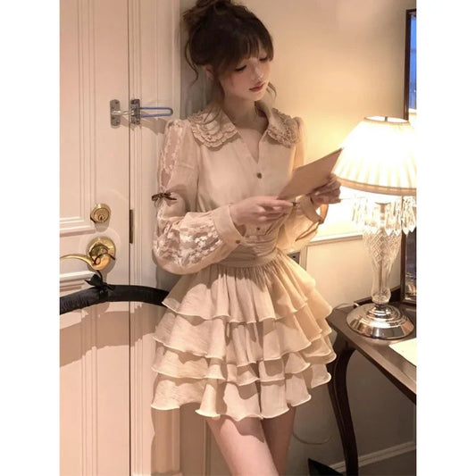 Autumn Mini Dress Evening Party Y2k Dress Lace Design Japanese Kawaii One Piece Dress Korean