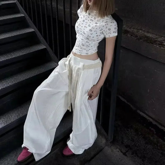 American Retro Pleated Draping White Pants Autumn New Loose Allmatch Wide Leg Pants With Belt