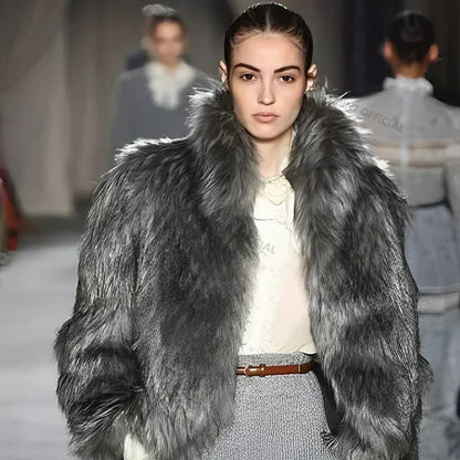 Brand Runway Fluffy Faux Fur Coat Luxurious Fox Fur Stand Collar Short Jacket Winter Overcoat