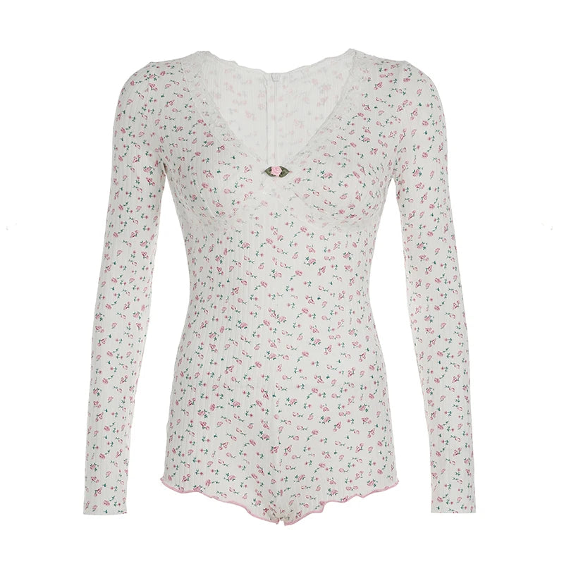 Sweet Fairy Gentle Playsuit Print Lace Trim V-neck Long Sleeve Korean Style Rompers