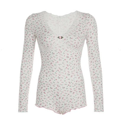 Sweet Fairy Gentle Playsuit Print Lace Trim V-neck Long Sleeve Korean Style Rompers