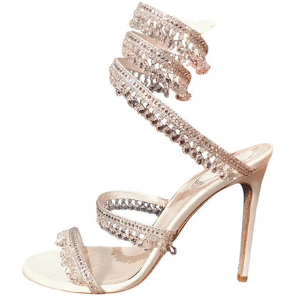 Summer New Stiletto Rhinestone Snakeshaped Winding Crystal Pendant Sandals Female Fairy Style Highheeled Roman Shoes