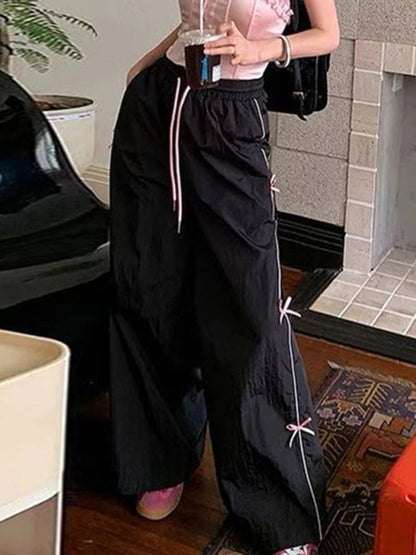 Black Baggy Sports Pants Y2k Bow Drawstring Straight Wide Leg Sweatpants Hip Hop Causal Kpop Mujer Bottoms
