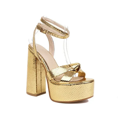 Gold High Heels Ankle Strap Party Dress Shoes 14cm Summer Opentoe Platform Chunky Sandals Pumps