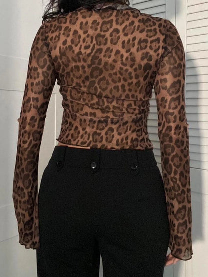 Leopard Print Lace-up Blouse Shirts Semi-sheer Mesh Flared Sleeve Ruffled Cardigan Tops