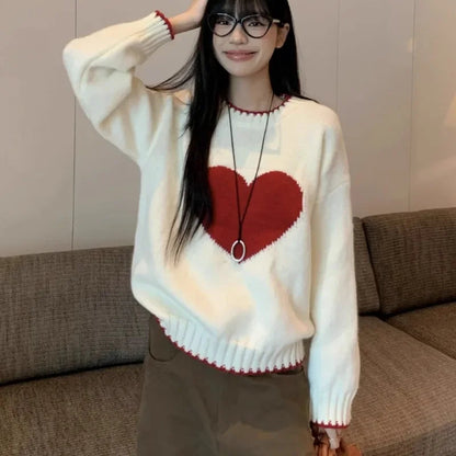 High Street Contrast Color Patchwork Long Sleeve Sweater Spring New Oneck Heart Embroidery Loose Knitted Tops