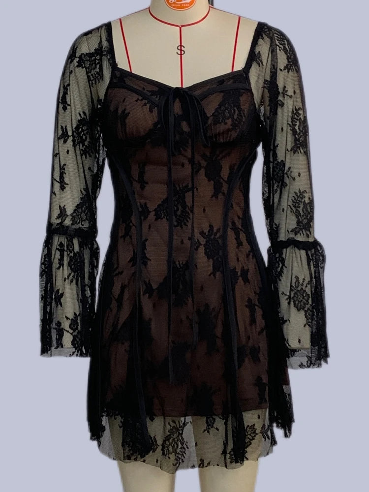 French Lace Mini Dress Y2k Off Shoulder Lace Up Ruffles Aline Autumn Spring Long Sleeve Party Dress Prom Vestidos