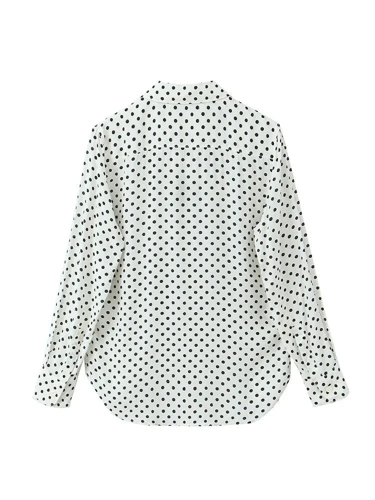 Woman Singlebreasted Lapel Blouse Long Sleeves Shirt Tops Office Lady Dot Print Loose Shirt