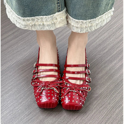Rivet Ballet Burgundy Mary Jane Flat Shoes Summer New Bow Square Head Comfortable Shoes
