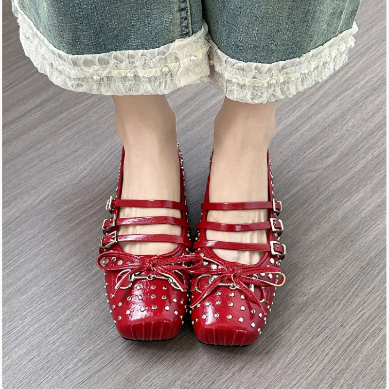 Rivet Ballet Burgundy Mary Jane Flat Shoes Summer New Bow Square Head Comfortable Shoes