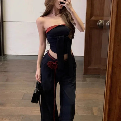 Summer New High Street Lace Up 3d Flower Loose Wide Leg Pants + Patchwork Camisole Twopiece Suit