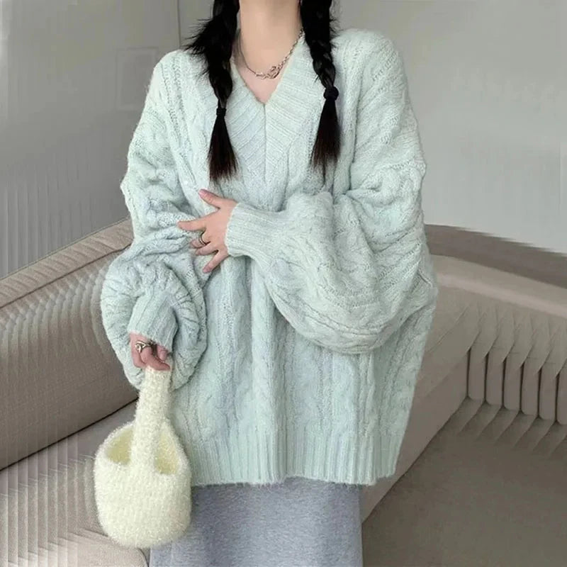 Autumn Winter Sweater Harajuku Oversized Knitted Pullovers Korean Long Sleeve V Neck Knitwear Preppy Loose Jumper