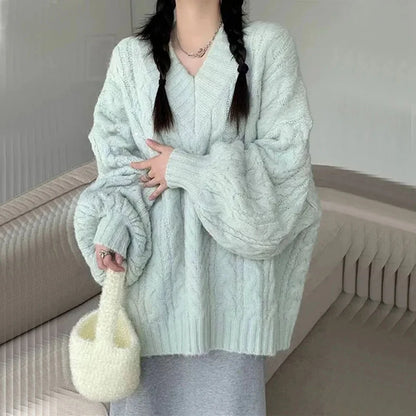 Autumn Winter Sweater Harajuku Oversized Knitted Pullovers Korean Long Sleeve V Neck Knitwear Preppy Loose Jumper