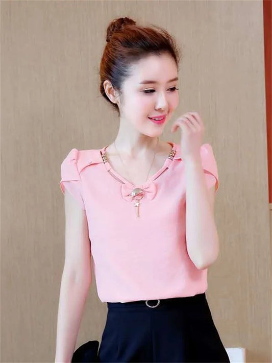 ’s Tops Chiffon Blouse Short Sleeve Summer Blusas Woman Shirt Blouses Female Top Tee Df2584