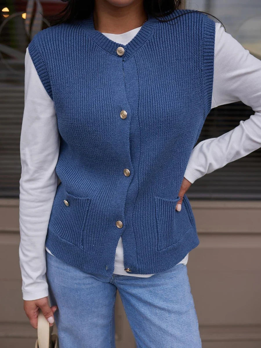 Pocket Cardigan Vest O Neck Single Breasted Sleeveless Knit Waistcoat New Simple Sweater Jacket