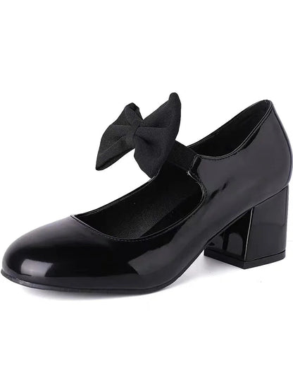 Sweet Round Toe Mary Janes Bow Detail Block Middle Heels Classic Dress Party Summer Shoes