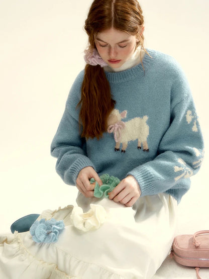 Blue Sheep Pattern Ribbed Sweater Bow Graphic Long Sleeve Knitwear Oversized Korean Winter Cutecore Pullovers