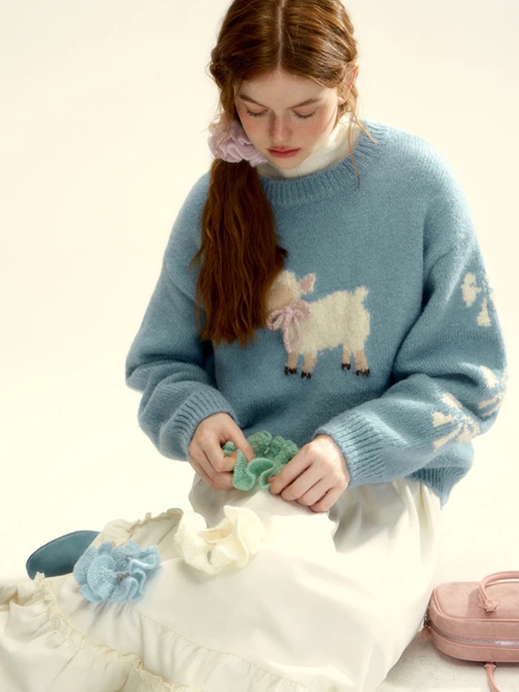 Blue Sheep Pattern Ribbed Sweater Bow Graphic Long Sleeve Knitwear Oversized Korean Winter Cutecore Pullovers