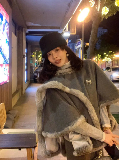 French Retro Style Cape Shawl Wool Coat Top Maxi Skirt Set Winter Socialite Commuting Color Two Piece Sets Outfits