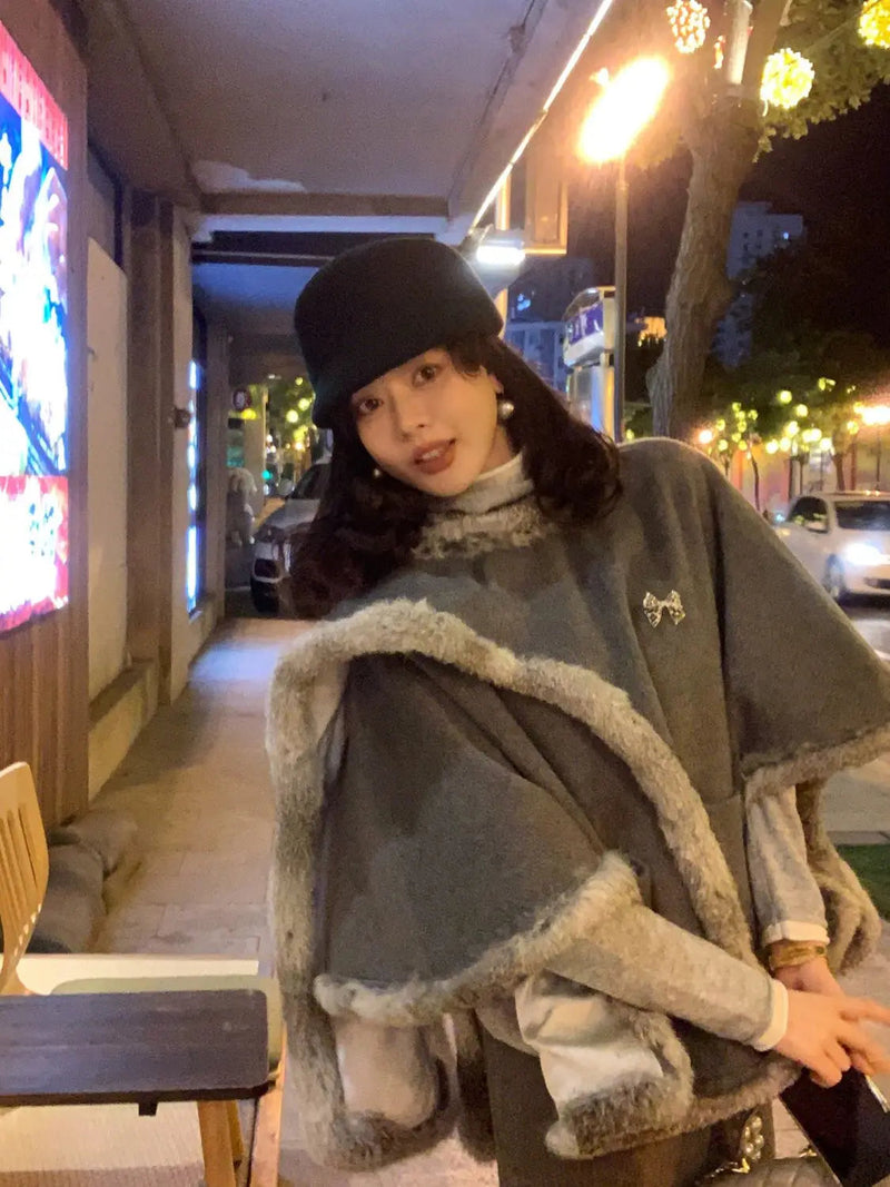 French Retro Style Cape Shawl Wool Coat Top Maxi Skirt Set Winter Socialite Commuting Color Two Piece Sets Outfits