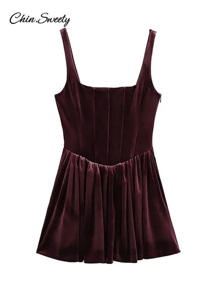 Velvet Sling Mini Dress Square Collar Sleeveless Backless A-line Zipper Party Dresses Lady Vestidos