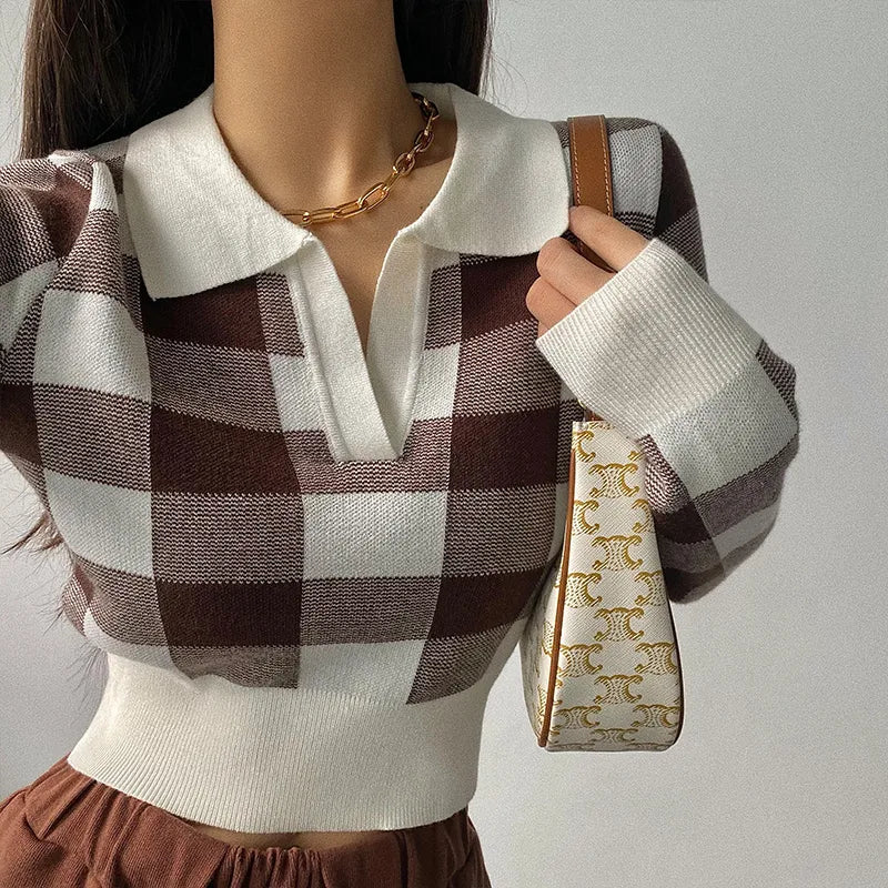 Autumn Winter Knitwear Crop Tops Pullover Sweaters Female Long Sleeve Elastic Plaid Knitted Shirts F4040